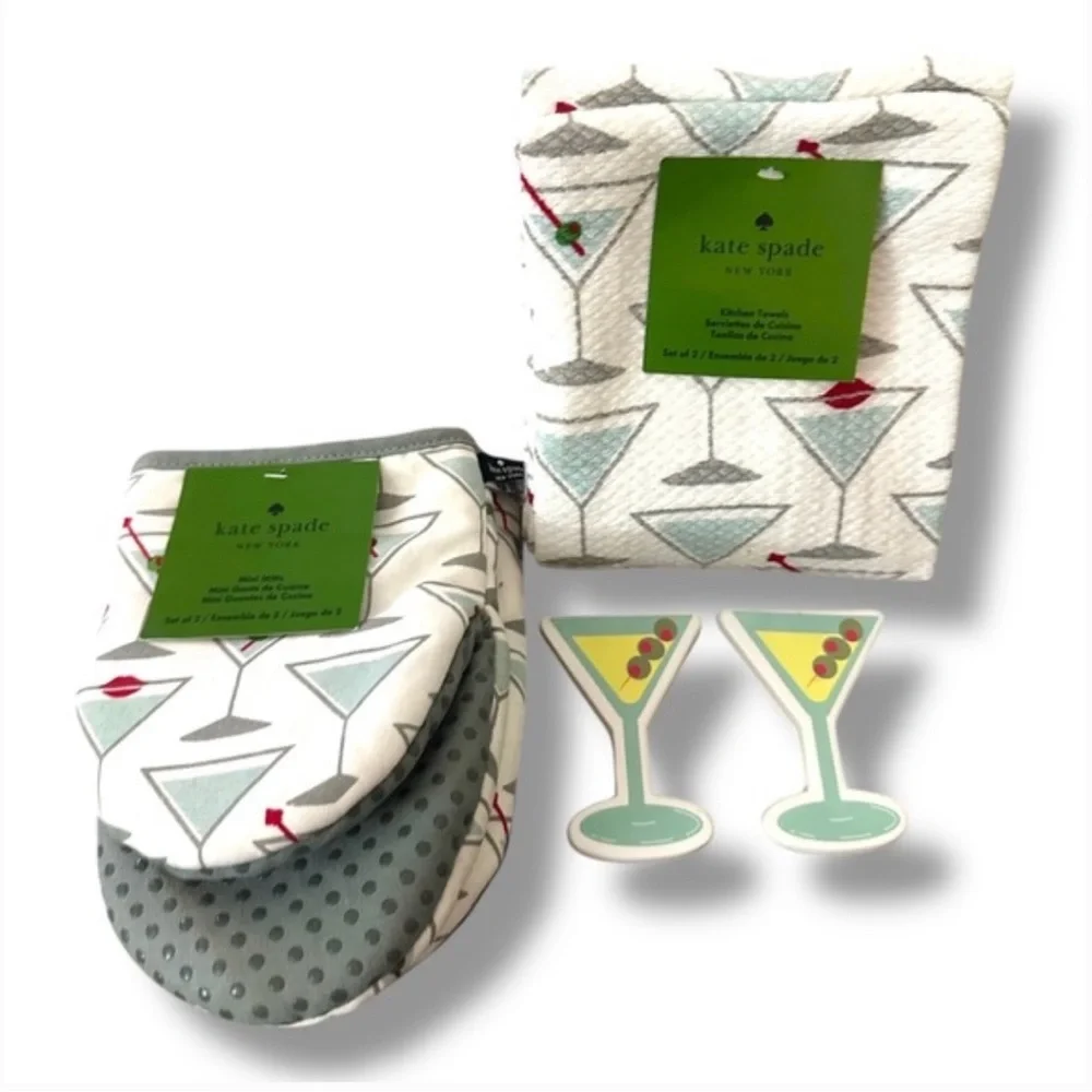 kate spade martini set of 3 in white & aqua | towels, mitt, magnets NWT
